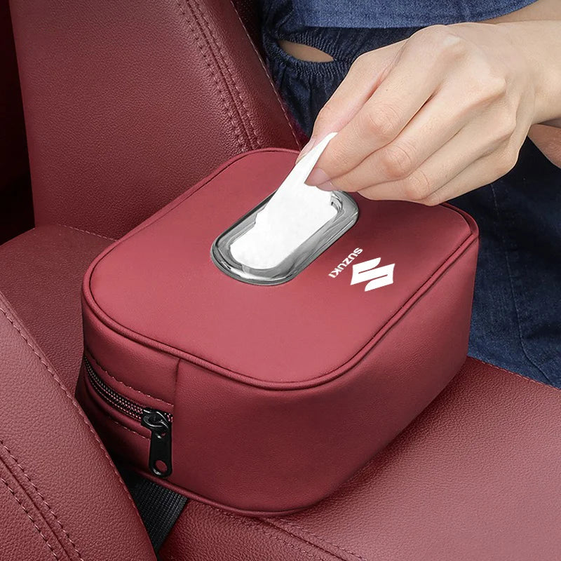 Leather Car Tissue Organizer Storage Bag–Multi-Position Holder Red-1