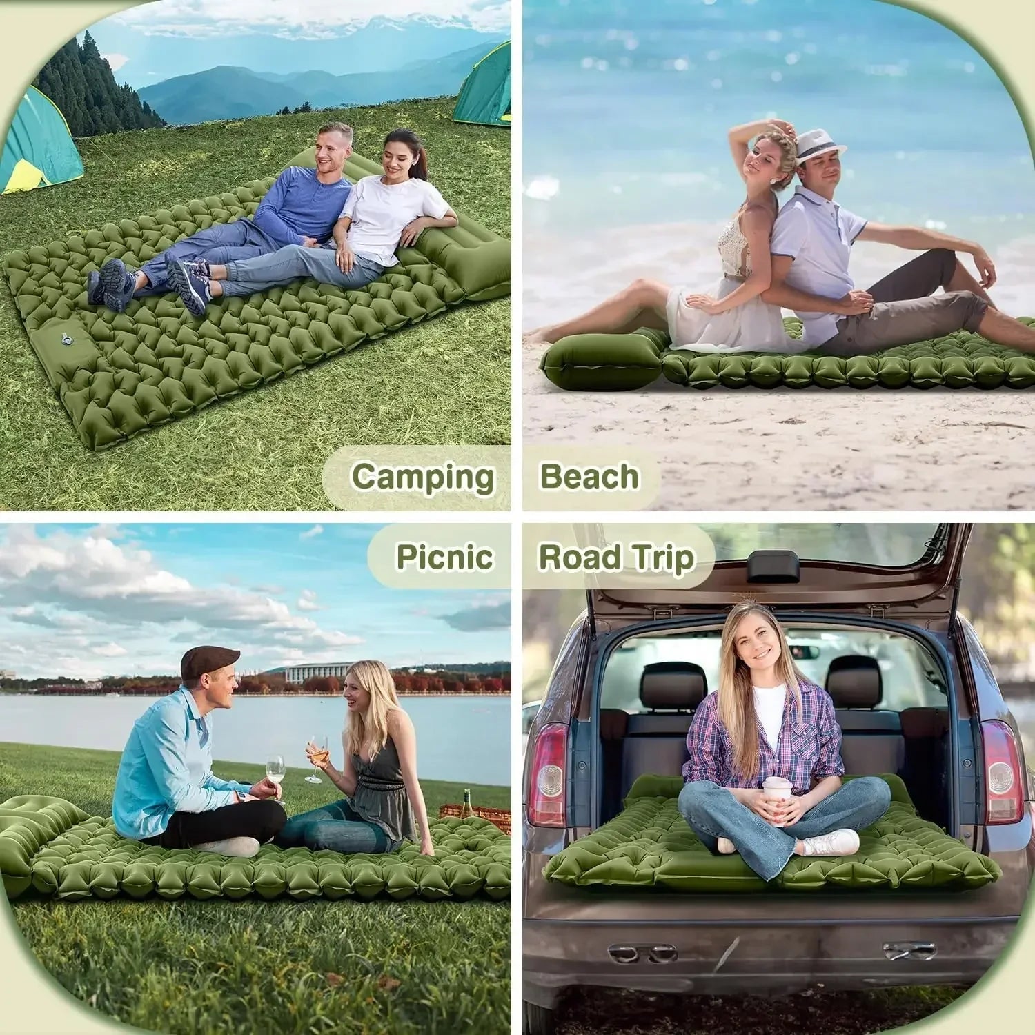Double Self-Inflating Sleeping Pad Pillows Green-4