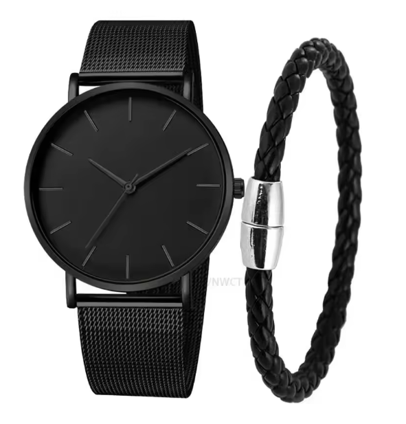 Men’s Ultra Thin Magnetic Bracelet Quartz Watch - All-Black Slim Mesh Steel-1