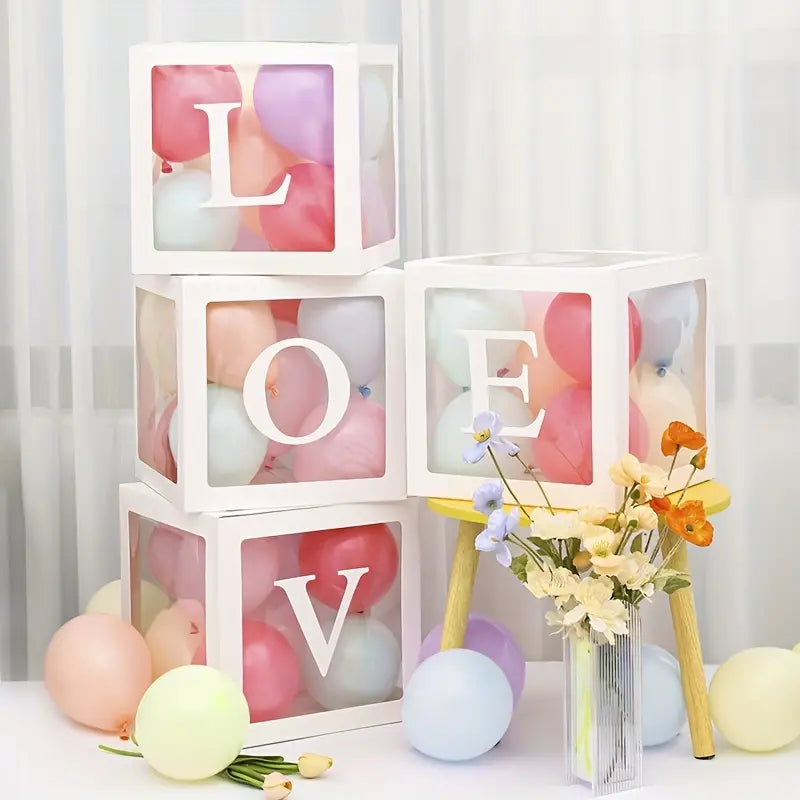 White LOVE Letter Wedding Decoration Set with Transparent Balloon Boxes (4 Boxes + LOVE Letters), 30cm-4
